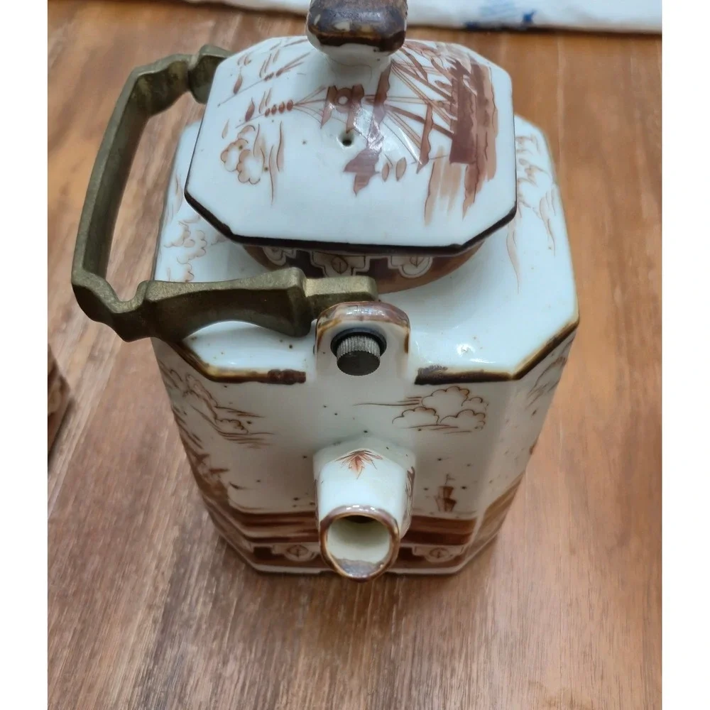Japan Tea Set Vintage 40s 50s White Brown Nautical Ship Tea Caddies Teapot